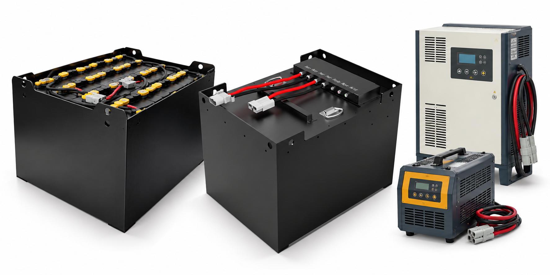 Lead-acid and lithium-ion traction batteries with charger units